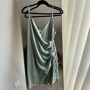 Satin Green Ruched Wrap Mini Dress